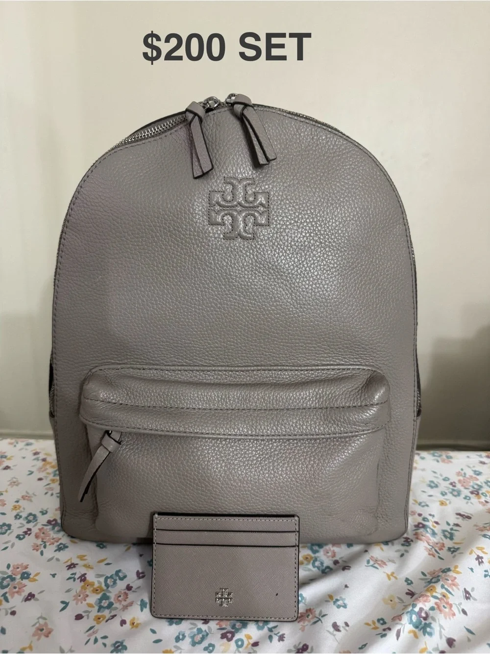 Tory Burch Taupe Pebbled Leather Backpack with Card Case
